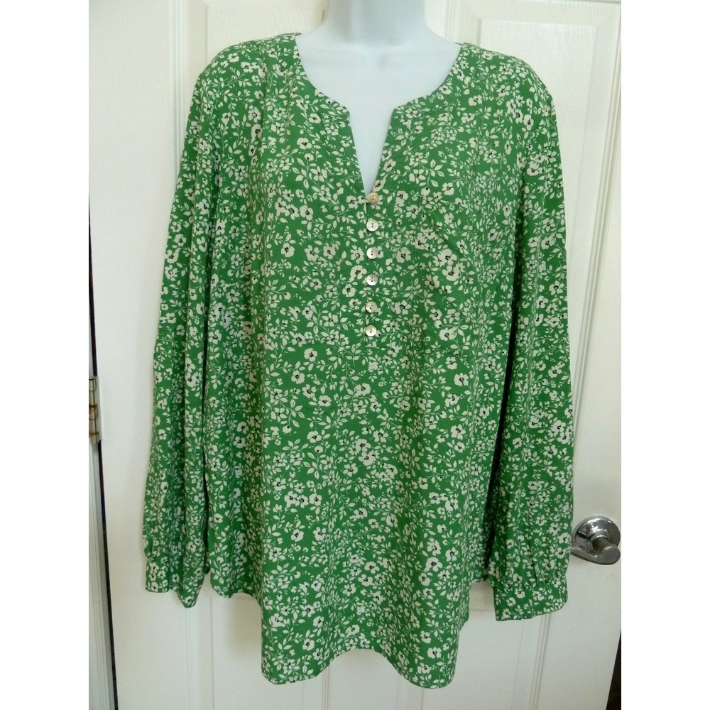 J. Jill Womens Large Green White Floral Blouse 1/4 Button Career Viscose Rayon